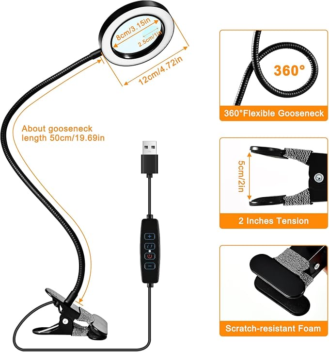 20X/10X Dual-lens Magnifying Glass with Light and Timer, Combination Lens Magnifier with Light, 3 Color Modes, 2 in 1 Magnifying Desk Lamp for Craft Hobby Painting Sewing Close Work(No Adapter)