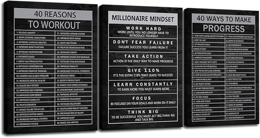WYJZDZQ8 Millionaire Mindset Inspirational Canvas Wall Art Motivational Painting Positive Entrepreneur 40 Reasons to Workout Quotes Poster Wall Art Office Classroom Wall Home Decor[60''Wx 28''H]