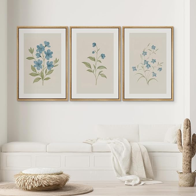 SIGNWIN Framed Canvas Print Wall Art Set Blue Floral Botanical Vintage Wildflower Illustrations Modern Art Decorative Nordic Abstract for Living Room, Bedroom, Office - 16"x24"x3 Natural