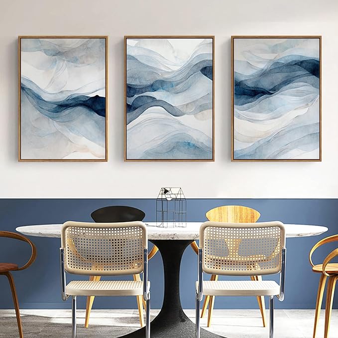 myusuar 3 Piece Large Abstract Framed Wall Art For Living Room, Smoke Texture Ink Navy Blue Canvas Wall Art Modern Minimalist Art Prints Wall Décor For Bedroom Office 24x36in