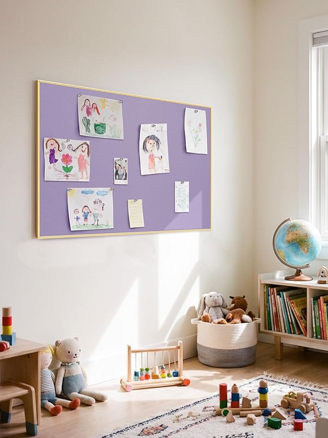 Bulletin Board 40 x 30 inches, Mystic Violet Pin Board, Golden Aluminum Framed Fabric Cork Board with 10 Push Pins