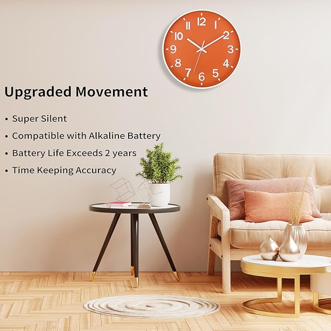 Foxtop Modern Wall Clock Silent Non-Ticking Battery Operated Round Quartz 12 Inch Wall Clock for Bedroom Living Room Kitchen Home School Office Decor (Orange & White)