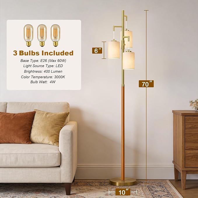 70" Wood Floor Lamp Dimmable Floor Lamps for Living Room Bedroom Mid Century Modern Floor Lamp Gold Standing Lamp Tall Lamps for Office Nursery Reading Elegant Stand Up Lamp, 3 Bulbs Included