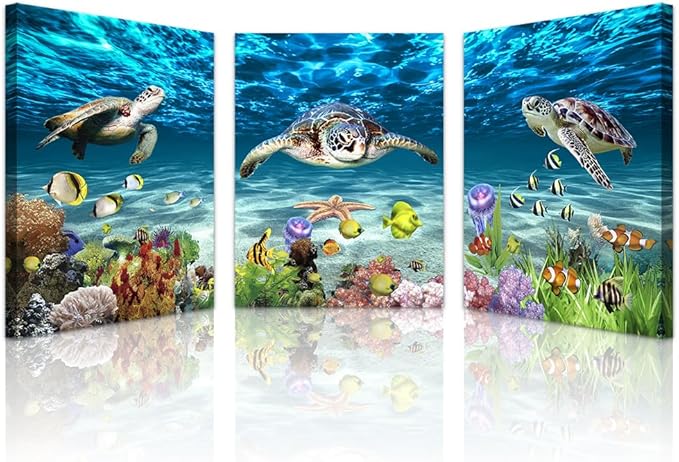 Lapremoly Large Canvas Wall Art for Living Room Wall Decor for Bedroom Bathroom Wall Decoration Ocean Sea Turtle Scenery Paintings Modern Pictures Artwork office Ready to Hang Home Decor 3 Pieces