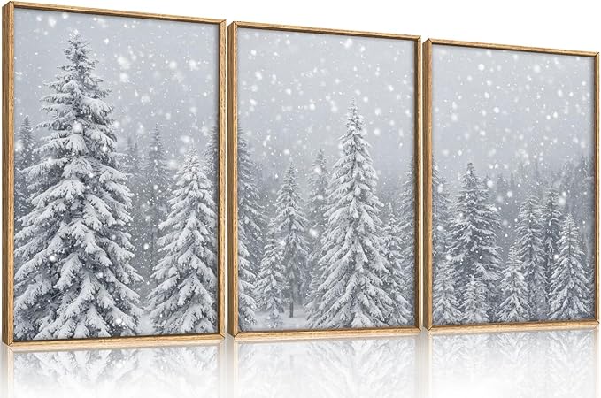 Winter Snow Covered Forest Framed Canvas Wall Art Set,Snowy Woodland Wall Decor,Wilderness Pine Tree Art Prints,Natural Botanical Landscape Artwork for Living Room, Bedroom,Farmhouse- 16"x24"x3