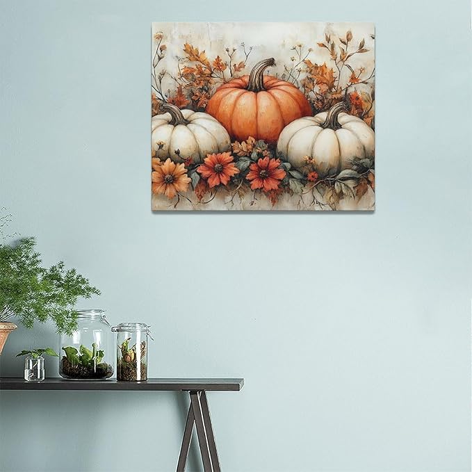 Fall Pumpkin Wall Art Autumn Leaf Pictures Wall Decor Maple Leaves Canvas Painting Modern Artwork Home Decoration for Living Room Bathroom Bedroom Office Framed 24"x16"