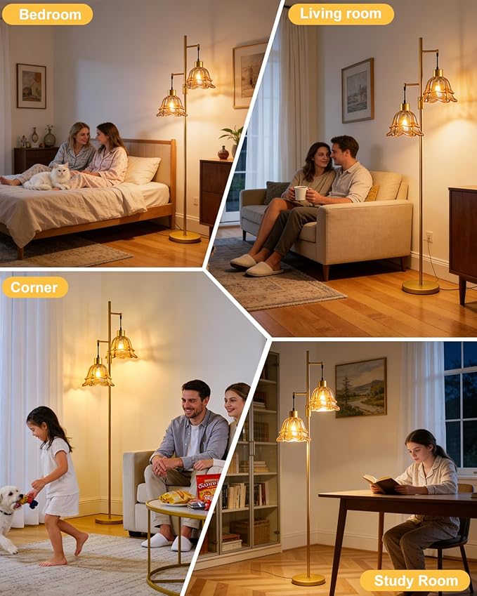2-Light Gold Dimmable Floor Lamp for Living Room, 65IN Tall Standing Lamps with Brown Glass Lampshade, 3000K Warmwhite Mid Century Modern Floor Lamp for Bedroom/Sofa Beside/Corner Decor
