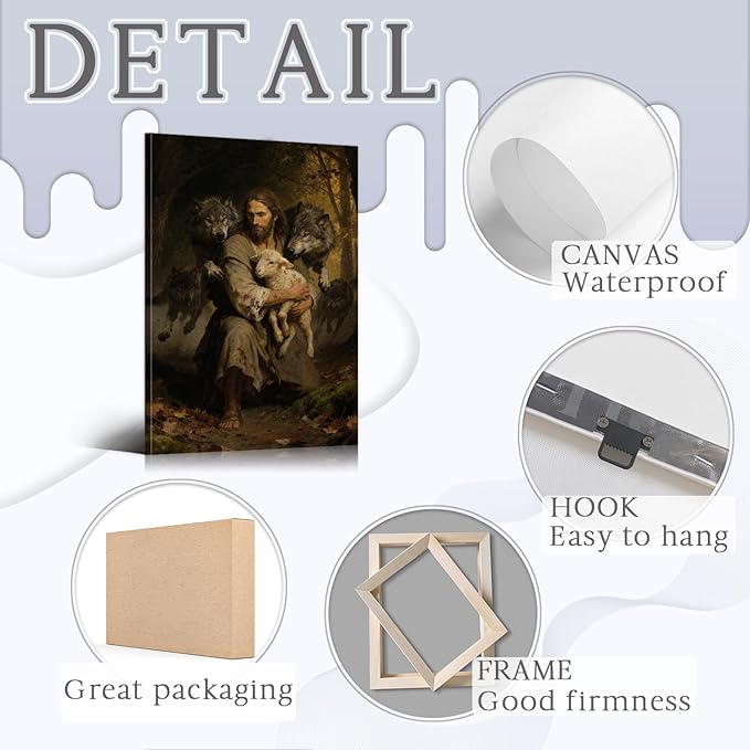 YOUHONG Jesus Wall Art Religious Decor Christian Art Wall Decor Jesus Protect the Lamb from Wolves Canvas and the Lamb Poster Christian Canvas for Home Ready to Hang (16x24 Inch)