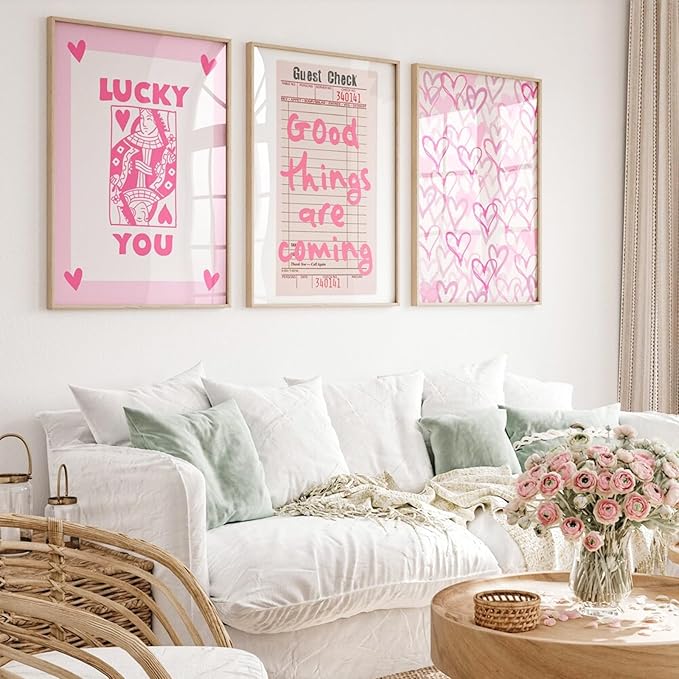 Youillne Lucky You Pink Wall Art Guest Check Preppy Wall Decor Trendy Aesthetic Canvas Wall Art Funky Poster Cute Picture Prints Inspirational Artwork for Room Bedroom 12x16 Inch Unframed Set of 3