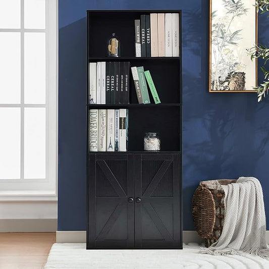 Bookshelves and Bookcases with Barn Doors, Farmhouse Bookshelf with Display Shelves, Floor Standing 5-Tier Book Shelf with Storage Cabinet for Home Office, Living Room, Bedroom, Black