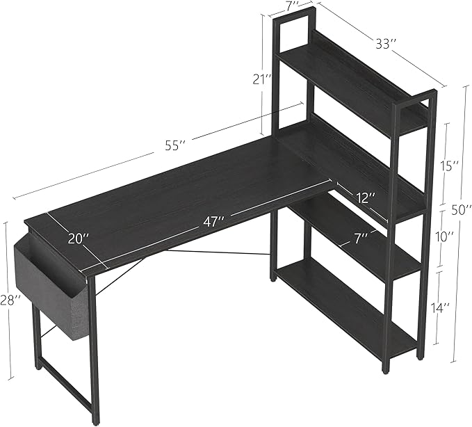 Treesland 55 Inch Small L Shaped Desk, Corner Desk with Bookshelf, Home Office Desk, Writing Study Desk for Bedroom, Black