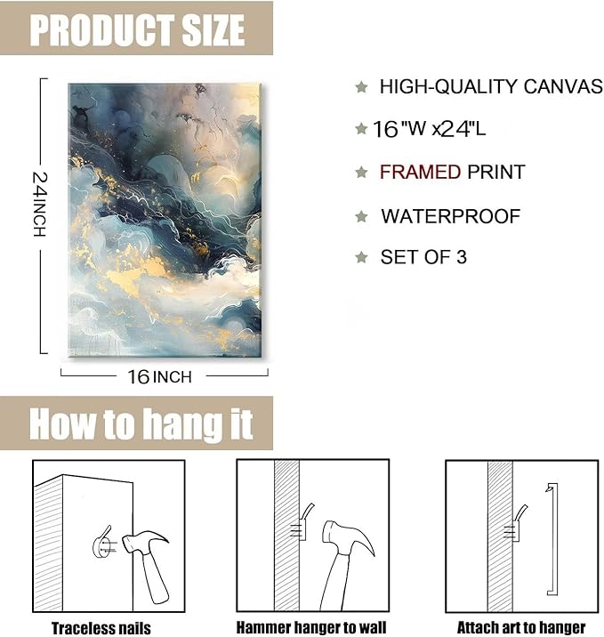 LYPHNX Framed Blue Abstract Fantasy Canvas Wall Art Minimalism Ink Painting Poster Set of 3 Modern ArtWork Navy Blue Gold Marble Prints Pictuer Wall Decor for Living room Bedroom Office Hotel 16"x24"