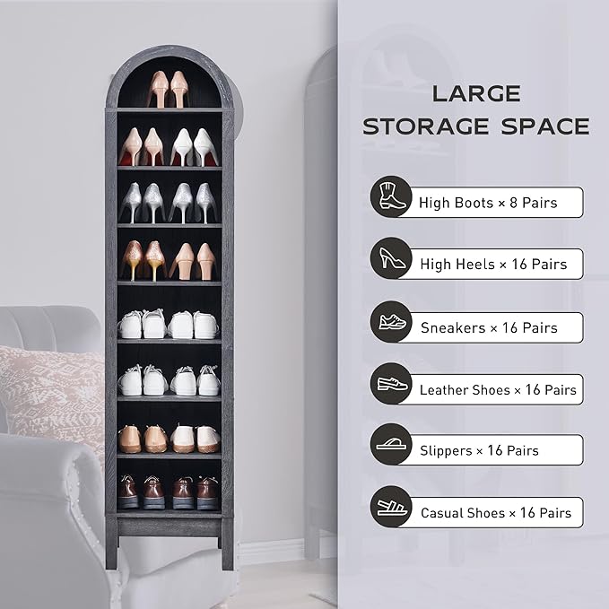 71" Tall Arched Bookshelf, 8 Tiers Arch Bookcase with Storage, Modern Farmhouse Book Shelf with Adjustable Shelves, Wood Bookshelf w/Open Display Shelves for Living Room, Office (Dark Grey)