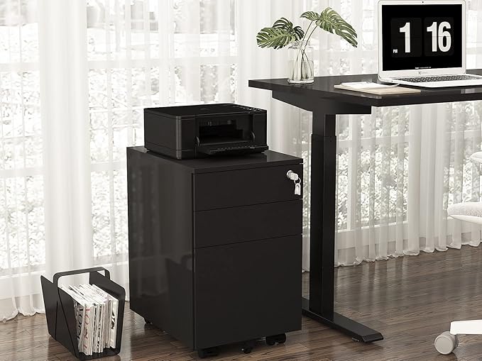 3 Drawer Locking Mobile Metal Storage, File Cabinet for Home or Office, Assembled (Except Casters), Black