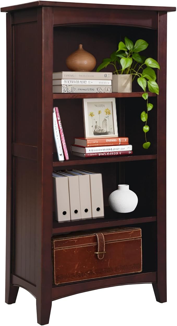 Shaker Cottage 4-Shelf Bookcase – Classic Wood Bookshelf with Beadboard Side Panels, Tapered Legs, and Open Storage for Living Room, Office, or Kids Room by Alaterre Furniture (Espresso Finish)