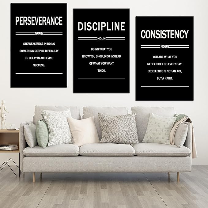 Inspirational Canvas Wall Art Office Poster Perseverance Discipline Consistency 3 Pieces Motivational Quotes Pictures Wall Decor Artwork for Living Room Gym School Ready to Hang [72''W x 36''H]