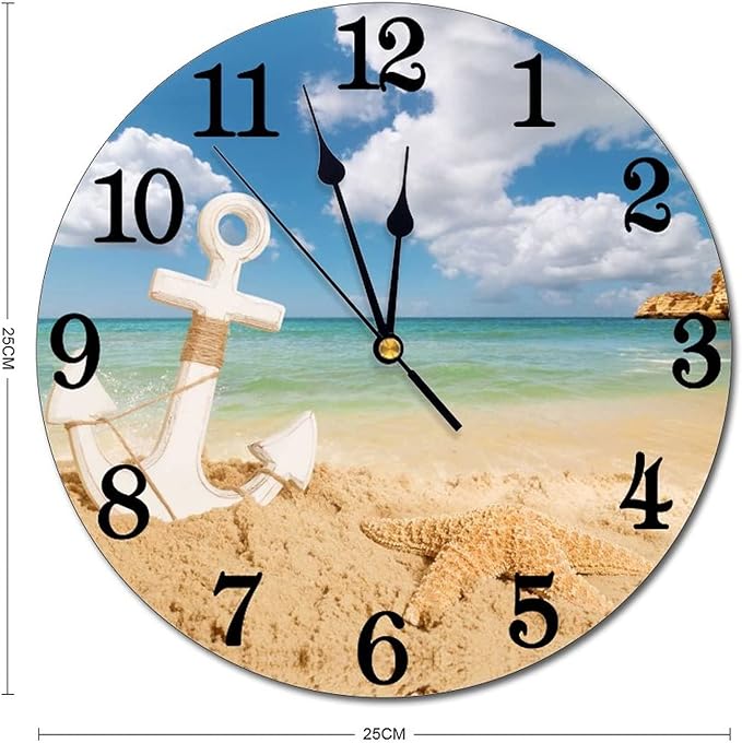 Nautical Anchor Starfish Sea Beach Wall Clock Battery Operated Silent Round Clock Wall Decor for Home Office School, 12 Inch