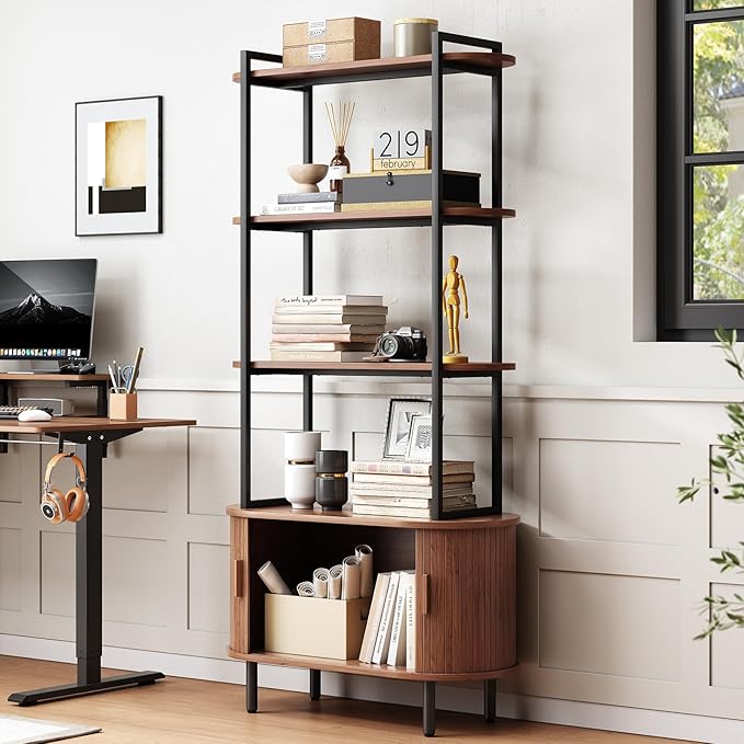 ONBRILL 71" Tall Bookshelf, 4-Tier Book Shelf with Storage Cabinet, Modern Bookcase with Sliding Door and Adjustable Footpad, Freestanding Storage Organizer Bookshelf for Living Room, Bedroom, Walnut