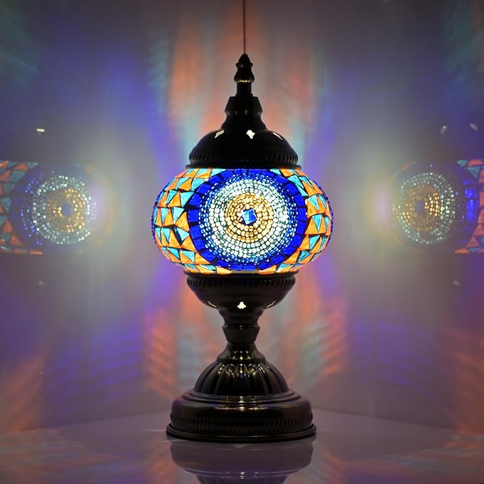 Turkish Moroccan Table Lamp Lantern with Handmade Mosaic Glass Lampshade Tiffany Style Bohemian Stained Glass Decorative Desk Lamps Bedside Night Lights for Bedroom (Blue Colorful)