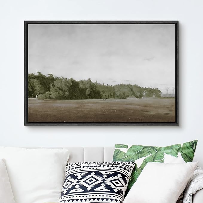 SIGNFORD Framed Canvas Wall Art Brown Meadow with Green Forest Landscape Wilderness Oil Painting Impressionism Traditional Scenic for Living Room, Bedroom, Office - 16x24 inches