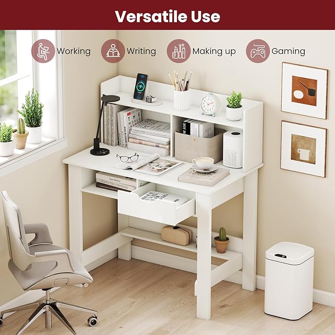 Giantex White Computer Desk with Hutch, Home Office Desk with Power Outlets, USB Ports, Type-C, Storage Shelf & Drawer, Modern Laptop PC Table Computer Workstation, Study Writing Desk for Bedroom
