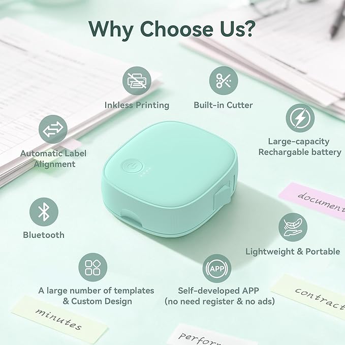 Mini Label Maker Machine with Tape AH-P05, Portable Bluetooth Mini Label Printer, Wireless Thermal Label Maker, Waterproof & Rechargeable, Built-in Cutter, for Home, Office, Kitchen – Green