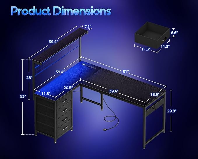 MOTPK 51” Large L Shaped Gaming Desk, Corner Computer Table with Shelf & Hutch, 4 Drawers, Reversible Study Desk with LED Light, Power Outlets & USB Ports, Home Office Table, Black