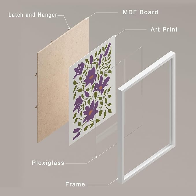 SIGNWIN Framed Poster Bathroom Decor, Wall Art Room Decor Multicolor for Living Room, Bedroom, Office Purple Female Portrait Lavender Flowers Vintage Illustrations Bohemian - 12"x16"x 8 White