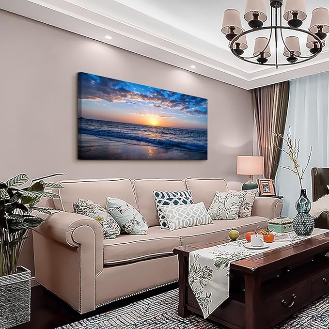 Wapluam Beach Wall Art -Blue Sea Coastal Sunset Natural Scenery Picture -Print On Canvas Ocean Seascape Canvas Print Artwork for Living Room Bedroom Bathroom Home and Office Wall Decor 24" x 48"