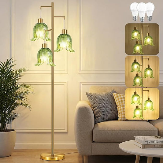 Gold Floor Lamp for Living Room,Bedroom,Tree 3 Light Standing Lamp Mid Century Modern Tall Floor Lamps Vintage Retro Floor Lights Unique Glass Green Flower Lamp Shade Farmhouse Boho Bohemian