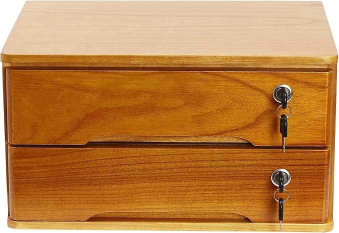 2 Drawers Wooden Desktop Storage Box,Small File Cabinet with Locks,Office Supplies A4 Filing Organizer for School,Classroom,Wood Yellow