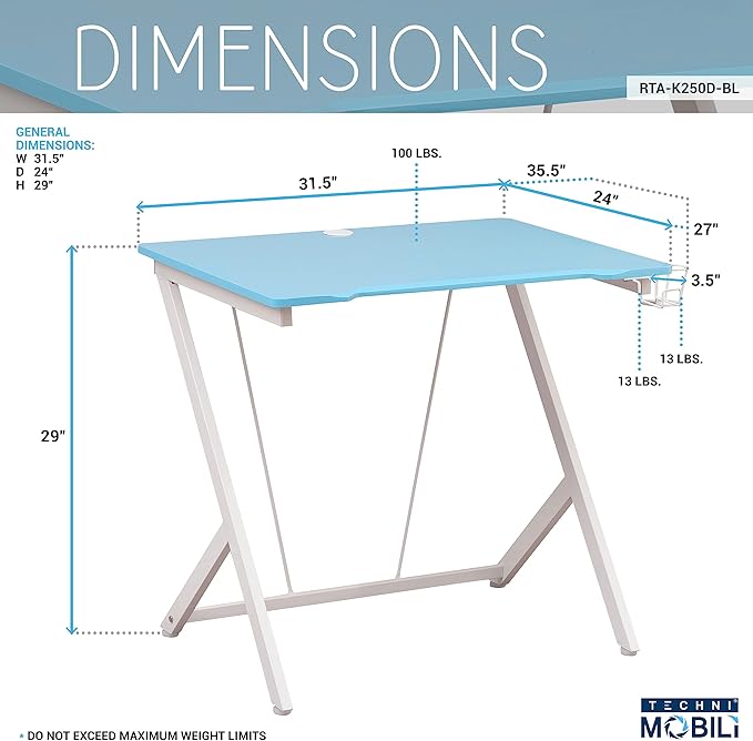 Techni Mobili Blue Gaming Desk - Small Gaming Desk with Cup & Headphone Holder - 31.5" Wide Blue Laminated Desktop Surface with Back Cable Management Opening - Student Desk for Bedroom