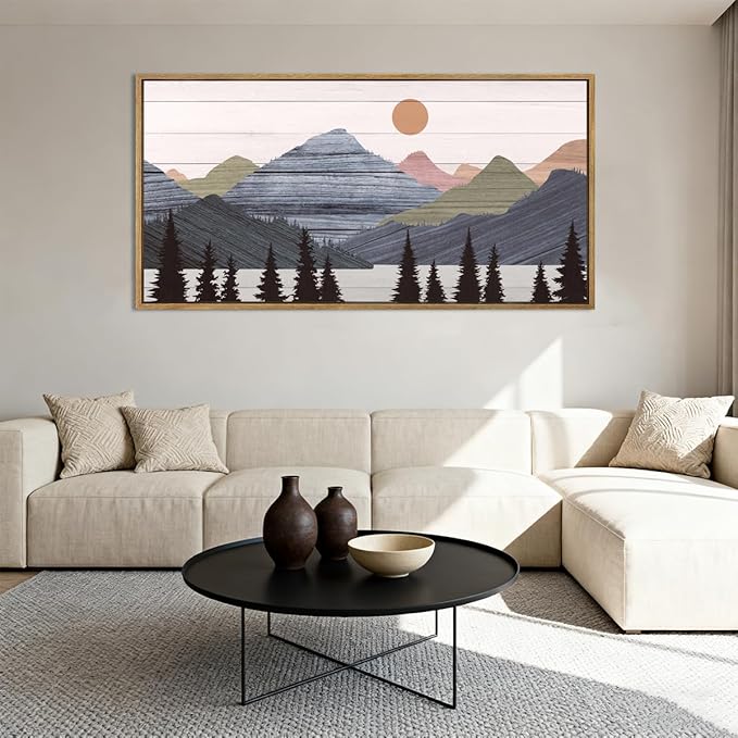 Framed Mountain Wall Art Pine Tree Forest Wall Decor Modern Mountain Range Painting 20x40 Inch for Living Room Bedroom Dining Room