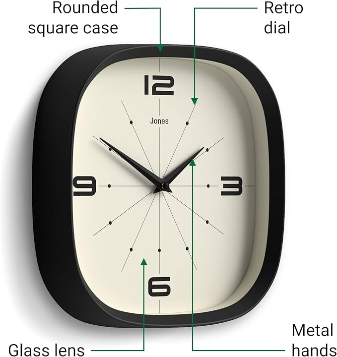 JONES CLOCKS® Pulsar wall Clock | Square Rounded Retro Clock | 10 inch | Black | Cool Designer Look for Kitchen, Living Room or Office
