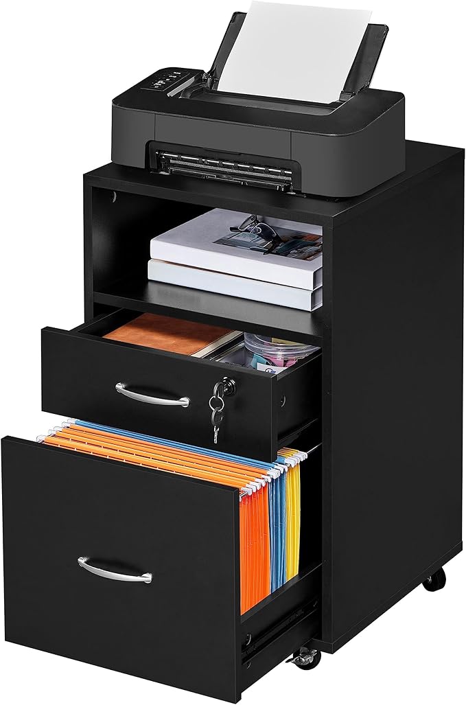 Topeakmart File Cabinet Movable Vertical Filing Cabinet with 2-Drawer and 1-Open Shelf Mobile Letter File Storage Oragnizer Lateral File Srorage on Wheels, for A4/ Legal/Letter Black