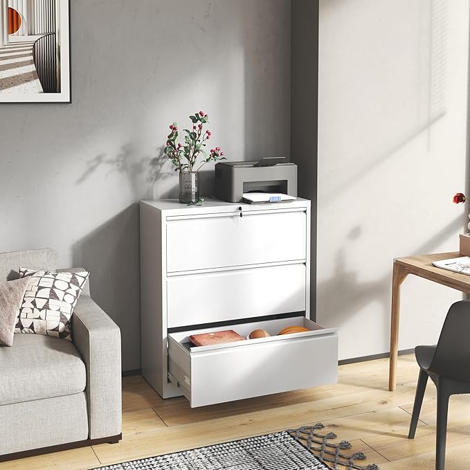 3 Drawer File Cabinet,Metal Lateral Filing Cabinet with Lock,Home Office Storage Organizer Cabinet for Legal/Letter/A4/F4 Size Files,35.5" W,White