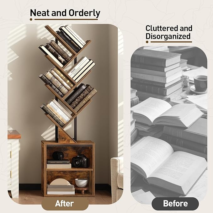 Tree Bookshelf, 6 Tier Bookcase with 2 Storage Racks, Free Standing Tall Wooden Bookcase, Floor Standing Book Shelf Organizer for Living Room, Bedroom, Study, Home Office, Rustic Brown