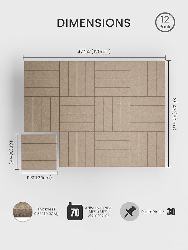 Bumusty Large Cork Board Alternative-48 x 36" Felt Bulletin Board Tiles, with 30 Pushpins, 70 Adhesive Tabs, 12-Pack Slat Wall Paneling, Cork Boards for Office Push Pin Board Felt Board-Taupe