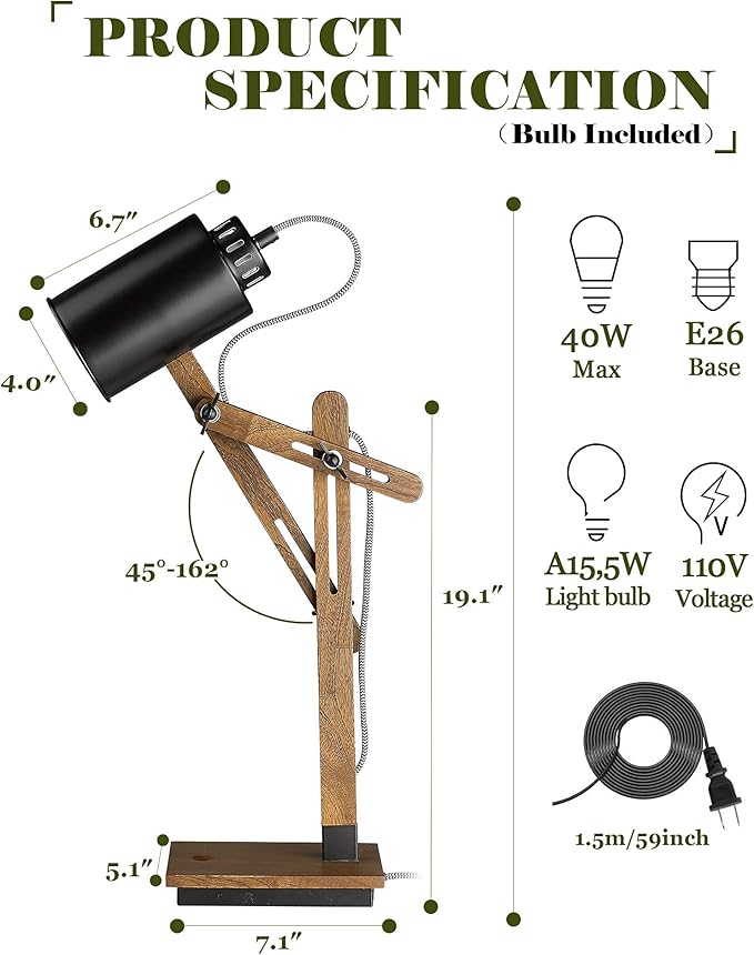 ELYONA Touch Control Desk Lamp with Wireless Charging & USB Port, Sapele Wood Reading Task Light,Adjustable, Swing Arm Table Lamp for Bedroom, Study Work, Office, Dorm, LED Bulb Included, Black