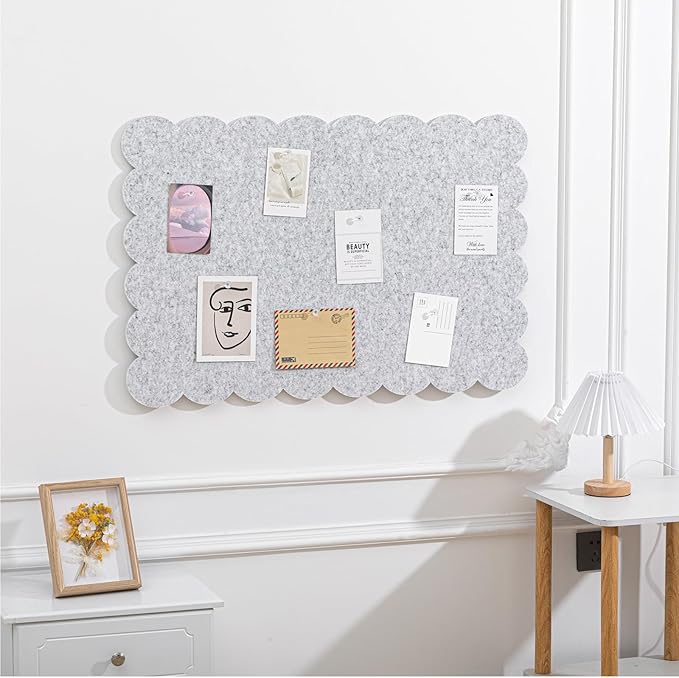 Scalloped Felt Bulletin Board 36 x 24 Inches Foldable Light Gray Pin Cork Board Alternative for Wall, 3' x 2' Trifold Picture Vision Self Adhesive Bulletin Decorative