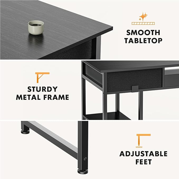 Sweetcrispy Computer Gaming Desk with Drawers- 48 Inch Home Office Bedroom Writing Study PC Table with Storage Shelves, Metal Frame Adjustable Feet, Pure Black