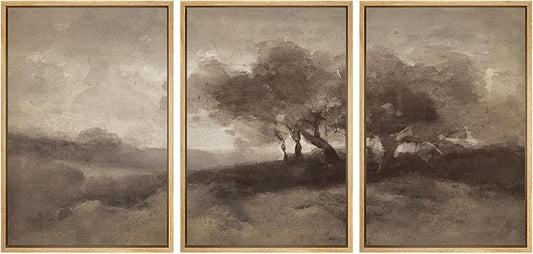 SIGNWIN Framed Canvas Print Wall Art Set Sepia-Toned Abstract Trees Vintage Landscape Illustrations Modern Art Decorative for Living Room, Bedroom, Office - 16"x24"x3 Natural