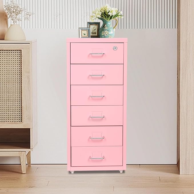 6 Drawer Vertical File Cabinet with Lock, Metal Movable Office Storage Cabinet, Under-Desk File Cabinet with Wheels, for Home Office Use (Pink)