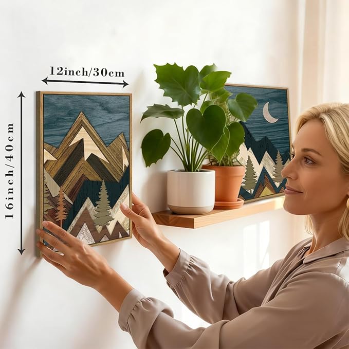 BINCUE Boho Mountain Wall Art Framed,Large Landscape Wall Decor Canvas,Modern Nature Artwork Forest,Abstract Blue Mountain Art Prints Wood for Home Bedroom Living Room Office 12" Lx16''W Set of 3