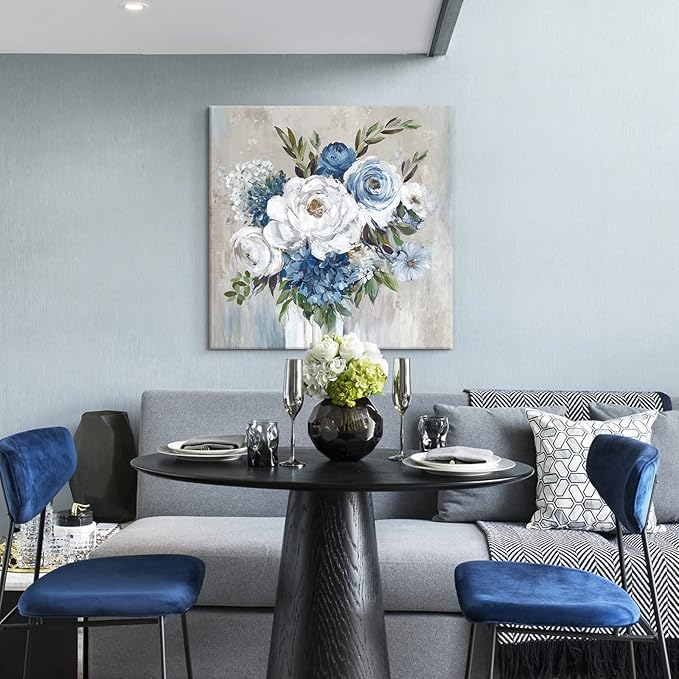 Goldfoilart Blue Flower Wall Art for Living Room White Floral Canvas Pictures Modern Paintings Framed Artwork for Bedroom Bathroom Dining Room Office Wall Decor 24" x 24"