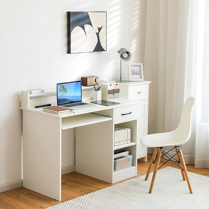 IFANNY Wooden Computer Desk, White Home Office Desk w/Drawers, Keyboard Tray, Open Shelves & Monitor Stand, Modern Writing Desk, Compact Computer Desk for Small Spaces (White)
