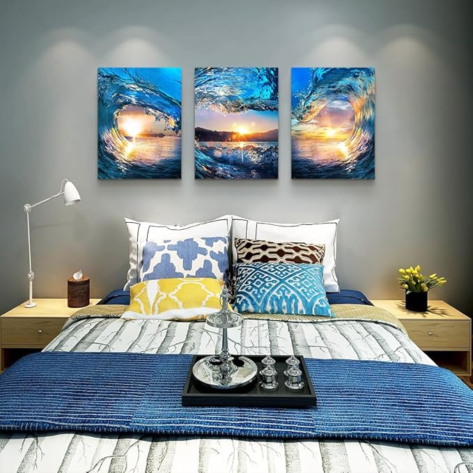 Lapremoly Wall Decor for Living Room & Bedroom - Canvas Wall Art - Ocean Waves Sunrise - Modern Bathroom Home Decoration - Ready To Hang - 16x24 in