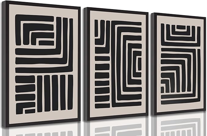 3 Pcs Boho Abstract Lines Canvas Wall Art Modern Neutral Minimalist Bohemian Black Geometric Line Picture Wall Decor Poster Print Artwork for Living Room Bedroom Office Home Decoration Unframed