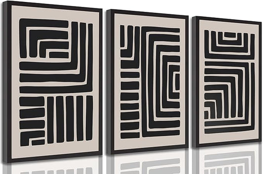 3 Pcs Boho Abstract Lines Canvas Wall Art Modern Neutral Minimalist Bohemian Black Geometric Line Picture Wall Decor Poster Print Artwork for Living Room Bedroom Office Home Decoration Unframed