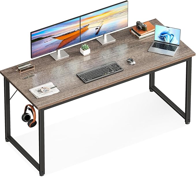 Casaottima 54 Inch Computer Desk for Home Office, Study Writing Table for Small Spaces, Simple Modern Desk with Headphone Hooks, Grey Oak